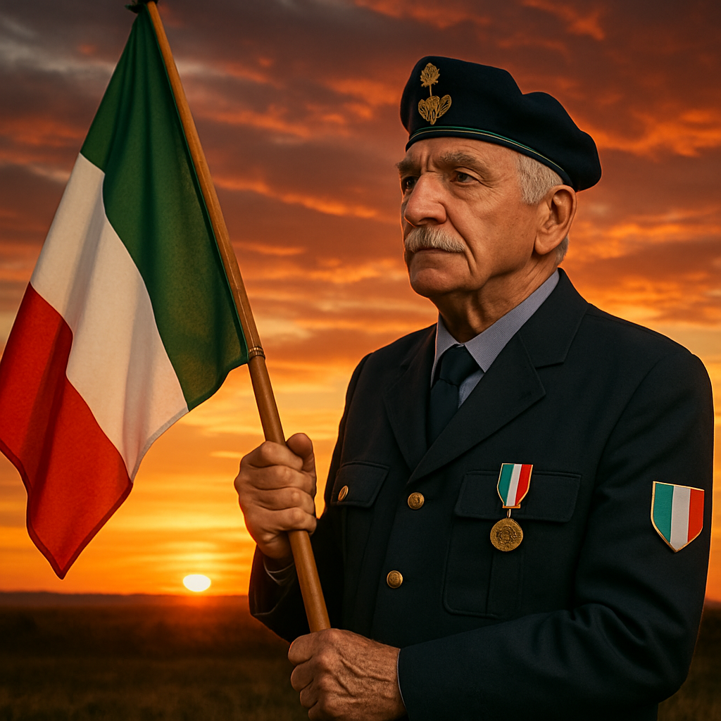 Un veterano in uniforme con la bandiera italiana